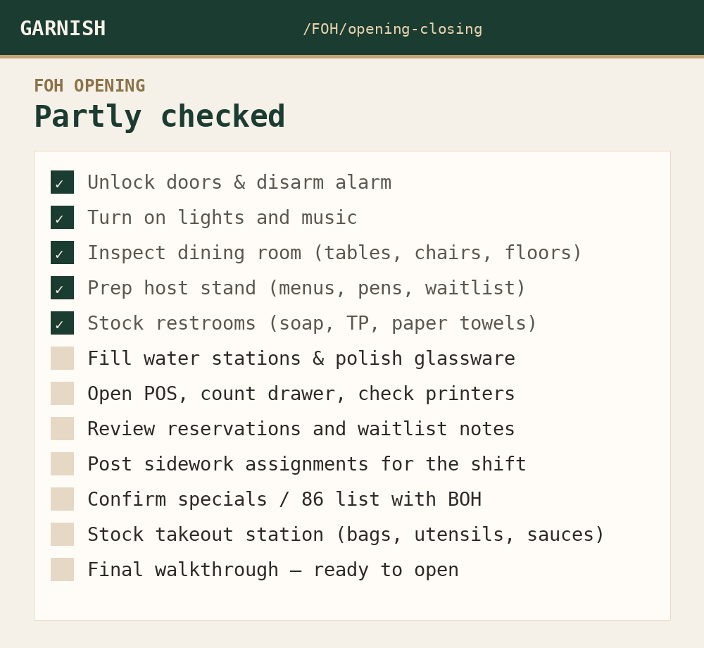 FOH opening checklist, partly checked. Unlock, lights, dining room, host stand, and restrooms are done. The rest of the list is still open.